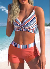 Coral swimwear,Striped swimwear,ROTITA Front Cross Coral Red Stripe Print Bikini Set