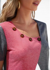 Grey tops,Plain Color tops,ROTITA Decorative Button Grey Short Sleeve Contrast T Shirt