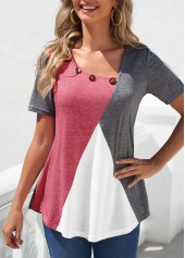 Grey tops,Plain Color tops,ROTITA Decorative Button Grey Short Sleeve Contrast T Shirt