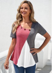 Grey tops,Plain Color tops,ROTITA Decorative Button Grey Short Sleeve Contrast T Shirt