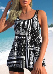 Tribal Print Black Double Straps Tankini Set