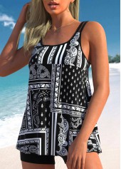 Black swimwear,Tribal swimwear,ROTITA Tribal Print Black Double Straps Tankini Top