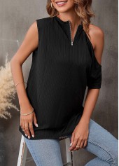 Black tops,Plain Color tops,Cold Shoulder Black Quarter Zip T Shirt