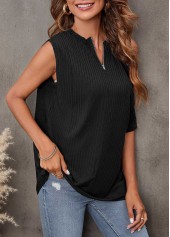 Black tops,Plain Color tops,Cold Shoulder Black Quarter Zip T Shirt