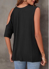Black tops,Plain Color tops,Cold Shoulder Black Quarter Zip T Shirt