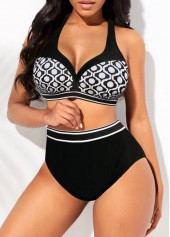 Black swimwear,Geometric swimwear,ROTITA Geometric Print High Waisted Black Bikini Set