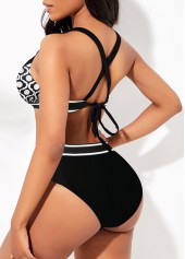 Black swimwear,Geometric swimwear,ROTITA Geometric Print High Waisted Black Bikini Set