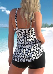 Black swimwear,Floral swimwear,ROTITA Black Daisy Print Cross Strap Tankini Top
