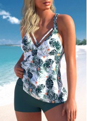 Blackish Green swimwear,Plants swimwear,ROTITA Blackish Green Tropical Print Cross Strap Tankini Set