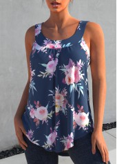 Blue tops,Floral tops,ROTITA Floral Print Wide Strap Blue Tank Top