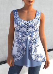 Dusty Blue tops,Floral tops,ROTITA Dusty Blue Floral Print Faux Two Piece Tank Top