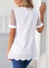 White tops,Plain Color tops,ROTITA Split Neck White Lace Stitching Blouse