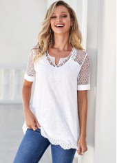 White tops,Plain Color tops,ROTITA Split Neck White Lace Stitching Blouse