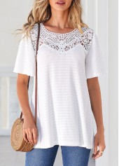 White tops,Plain Color tops,ROTITA Lace Patchwork White Short Sleeve T Shirt