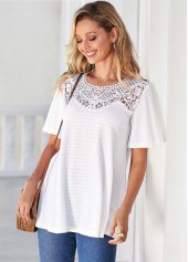 White tops,Plain Color tops,ROTITA Lace Patchwork White Short Sleeve T Shirt