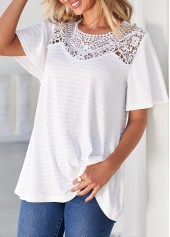 White tops,Plain Color tops,ROTITA Lace Patchwork White Short Sleeve T Shirt