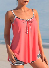 Coral swimwear,Striped swimwear,ROTITA Striped Coral Red Bowknot Tankini Set