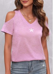 Light Pink tops,Galaxy tops,Cold Shoulder Star Print Light Pink T Shirt