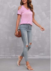 Light Pink tops,Galaxy tops,Cold Shoulder Star Print Light Pink T Shirt