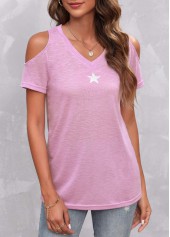 Cold Shoulder Star Print Light Pink T Shirt