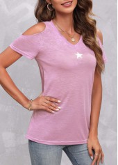 Light Pink tops,Galaxy tops,Cold Shoulder Star Print Light Pink T Shirt