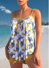 Yellow swimwear,Plain Color swimwear,ROTITA Yellow Leaf Print Bowknot Tankini Set