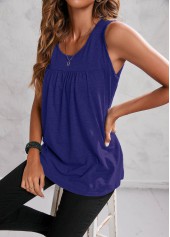 Blue tops,Plain Color tops,Blue Fold Round Neck Tank Top
