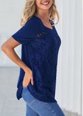 Plain Color tops,ROTITA Navy Blue Lace Stitching Cross Strap T Shirt