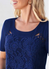Plain Color tops,ROTITA Navy Blue Lace Stitching Cross Strap T Shirt