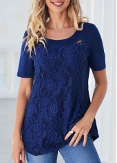 ROTITA Navy Blue Lace Stitching Cross Strap T Shirt