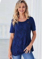 Plain Color tops,ROTITA Navy Blue Lace Stitching Cross Strap T Shirt