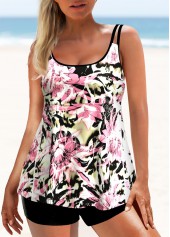 Multi Color swimwear,Plants swimwear,ROTITA Double Straps Floral Print Multi Color Tankini Top
