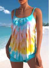 Cyan swimwear,Tie Dye swimwear,ROTITA Tie Dye Print Bowknot Cyan Tankini Set