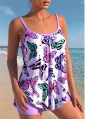 Purple swimwear,Animal Print swimwear,ROTITA Purple Butterfly Print Spaghetti Strap Tankini Set