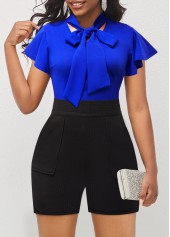 ROTITA Color Block Tie Neck Ruffle Sleeve Romper