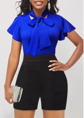 Plain Color jumpsuits & rompers,ROTITA Color Block Tie Neck Ruffle Sleeve Romper