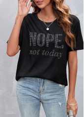 Black tops,Letter tops,Hot Drilling Black Letter Design T Shirt