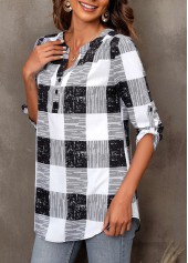 Black tops,Plaid tops,ROTITA Plaid Black Split Neck 3/4 Sleeve Blouse