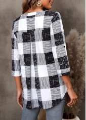 Black tops,Plaid tops,ROTITA Plaid Black Split Neck 3/4 Sleeve Blouse