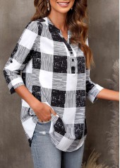 Black tops,Plaid tops,ROTITA Plaid Black Split Neck 3/4 Sleeve Blouse