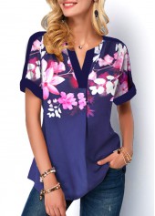ROTITA Floral Print Navy Blue Split Neck Blouse