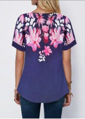 Floral tops,ROTITA Floral Print Navy Blue Split Neck Blouse