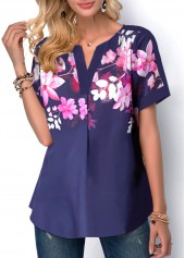 Floral tops,ROTITA Floral Print Navy Blue Split Neck Blouse