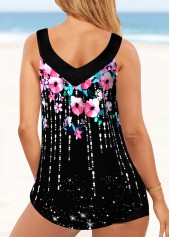 Black swimwear,Floral swimwear,ROTITA Floral Print Black Wide Strap Tankini Top