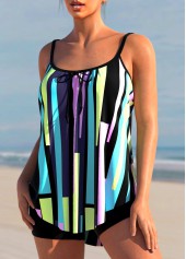 Multi Color swimwear,Geometric swimwear,ROTITA Geometric Print Color Block Bowknot Tankini Set