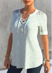 White tops,Geometric tops,ROTITA Lace Stitching Striped Short Sleeve White Blouse
