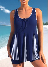 ROTITA Stripe Print Bowknot Navy Blue Tankini Set