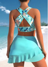 Cyan swimwear,Plants swimwear,ROTITA Cyan Tropical Print Cross Strap Bikini Set