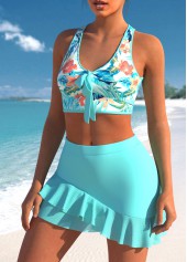 Cyan swimwear,Plants swimwear,ROTITA Cyan Tropical Print Cross Strap Bikini Set