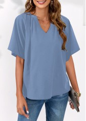 Split Neck Blue Butterfly Sleeve Blouse